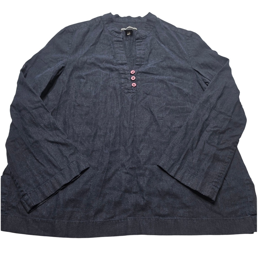 Norton McNaughton Womens Navy Blue Linen Blend V-Neck Button Blouse Size 14